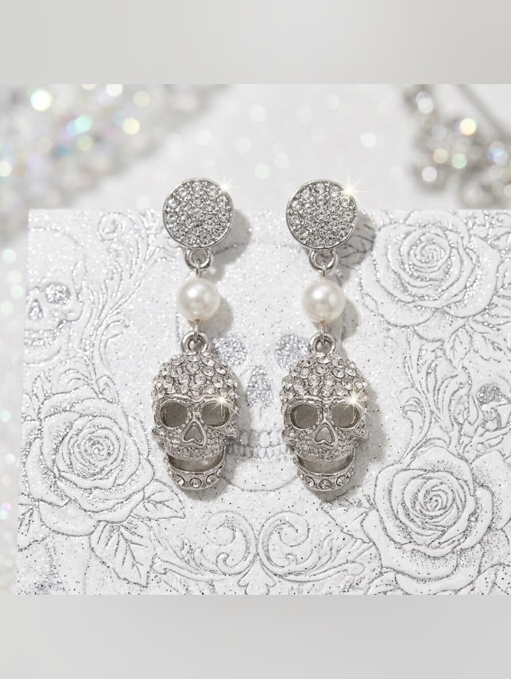 Silver plated crystal pearl skull earrings with silver post for sensitive ears
